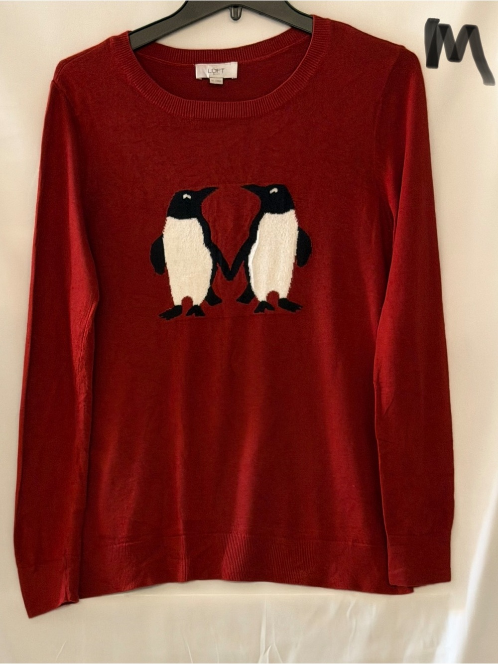 LOFT Red Crewneck Sweater with Penguin Pair Motif